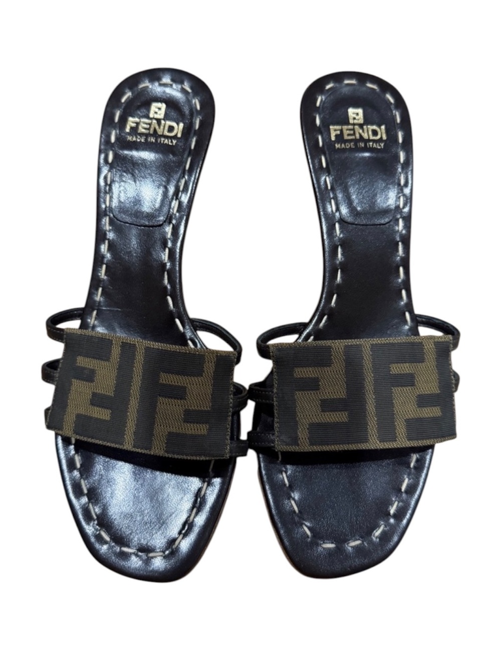 NEW AUTH FENDI ZUCCA VINTAGE MULE 6.5 Brown leather FF Logo Sandal kitten heel